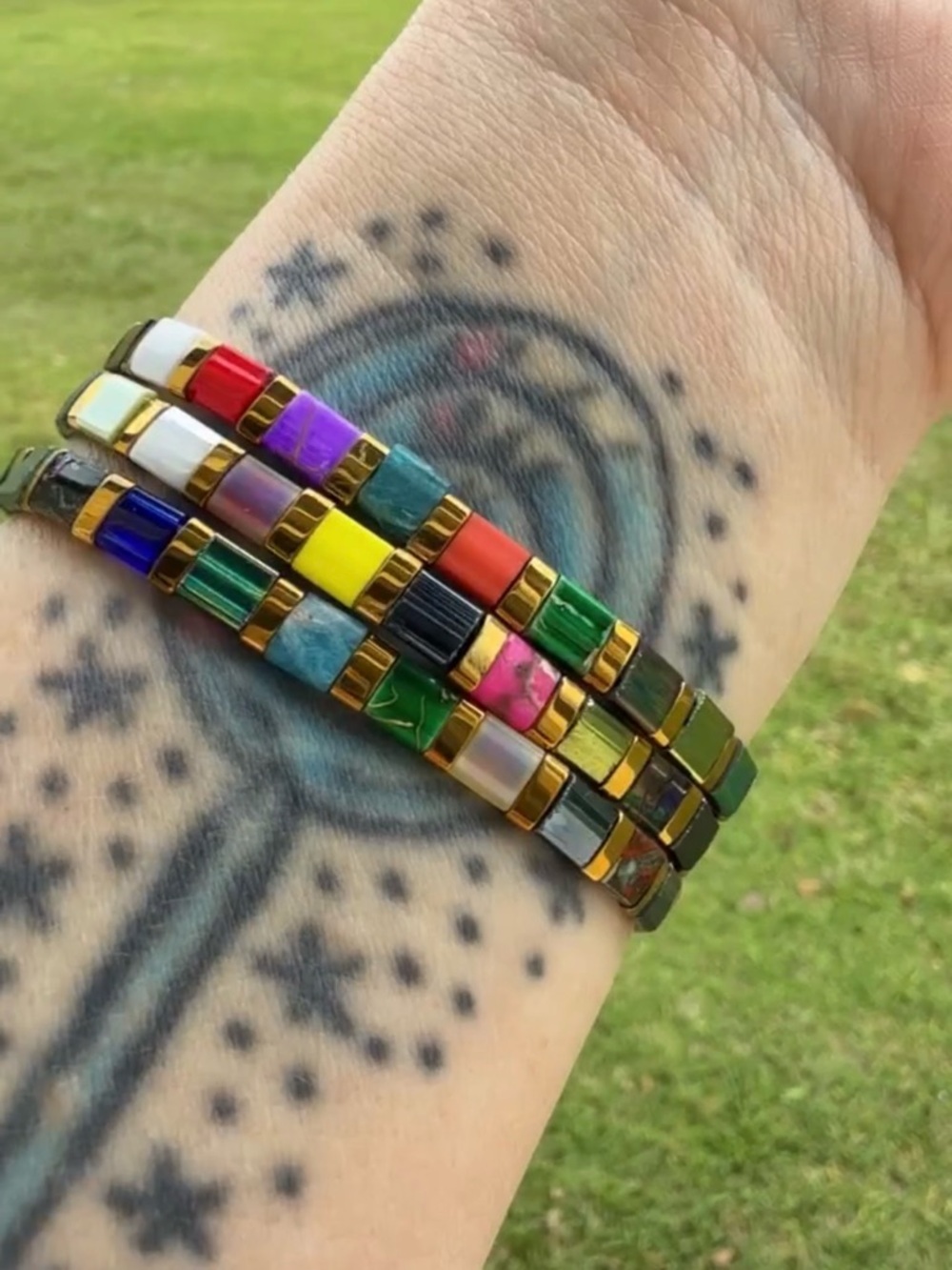 Colorful Tile Stretch Bracelet Stack – Multicolor Gold Accents